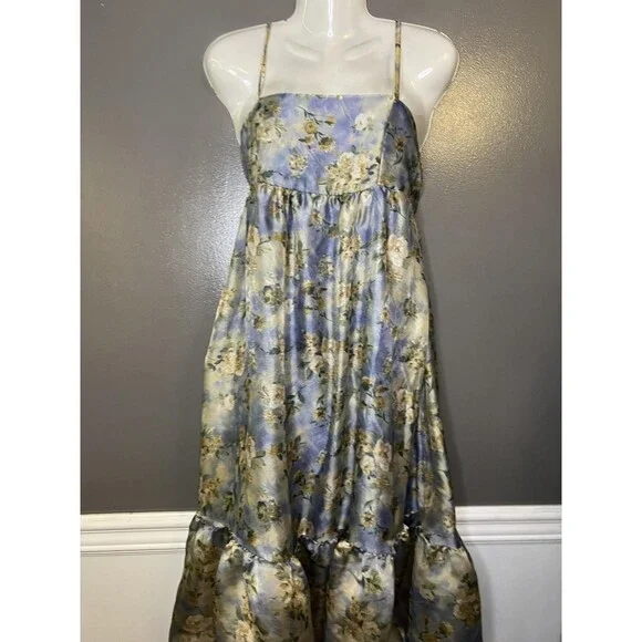 Wild Fable Dress Womens Small Blue Floral Satin Maxi Sundress Ruffle Hem - Picture 2 of 12